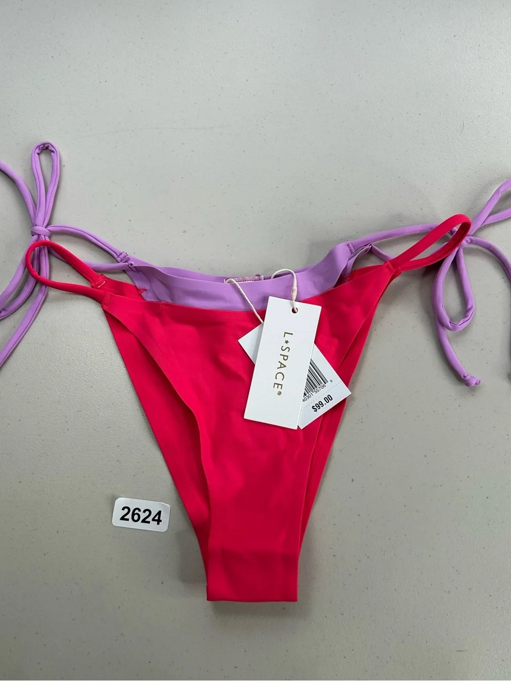 L*Space Swim Fused Mackena Bitsy Red and Purple Bikini Bottom Small Side Tie New